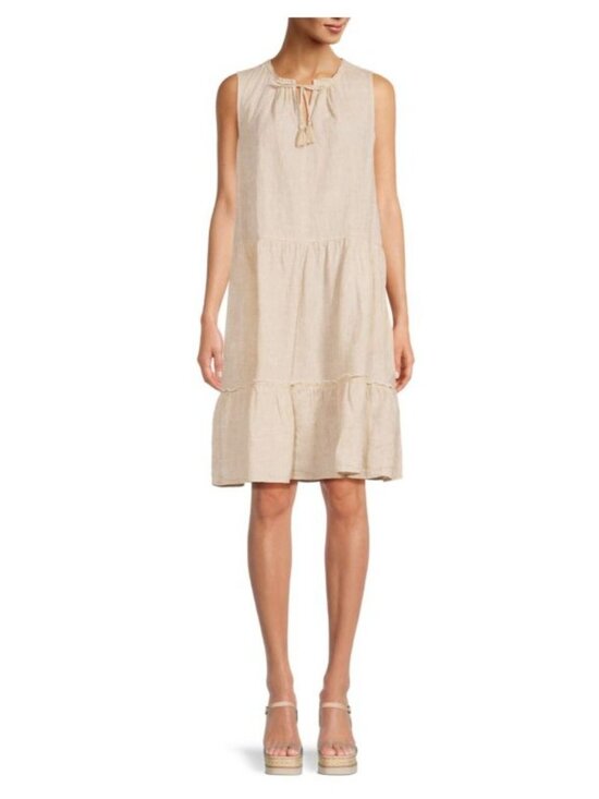 J. McLaughlin Dresses & Skirts - J. McLaughlin Christa Linen Dress Tassel Tiered Shift Neutral Tan Sleeveless LG
